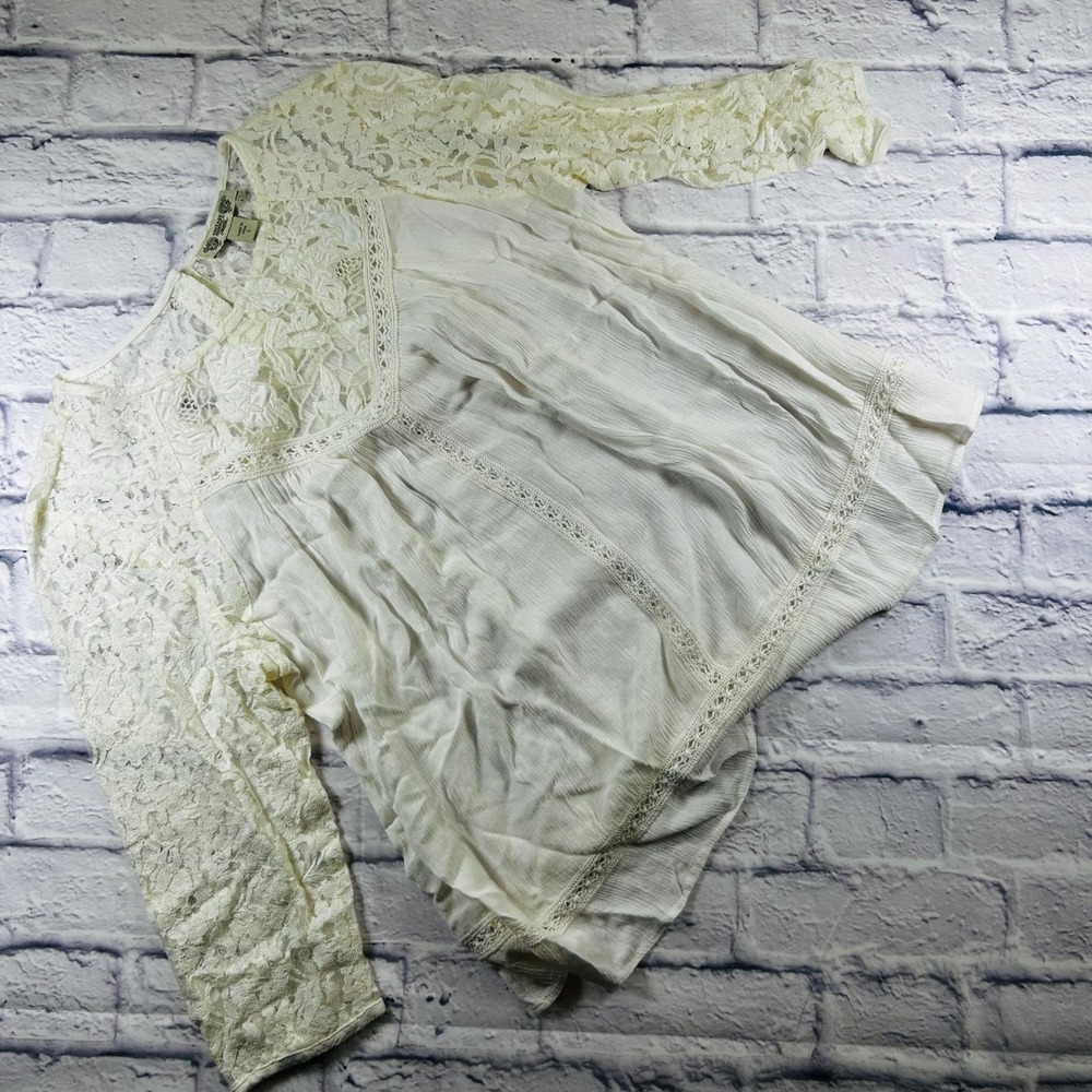 Vintage America Blues Womens White Lace Boho Gauze Blouse Large Casual Soft